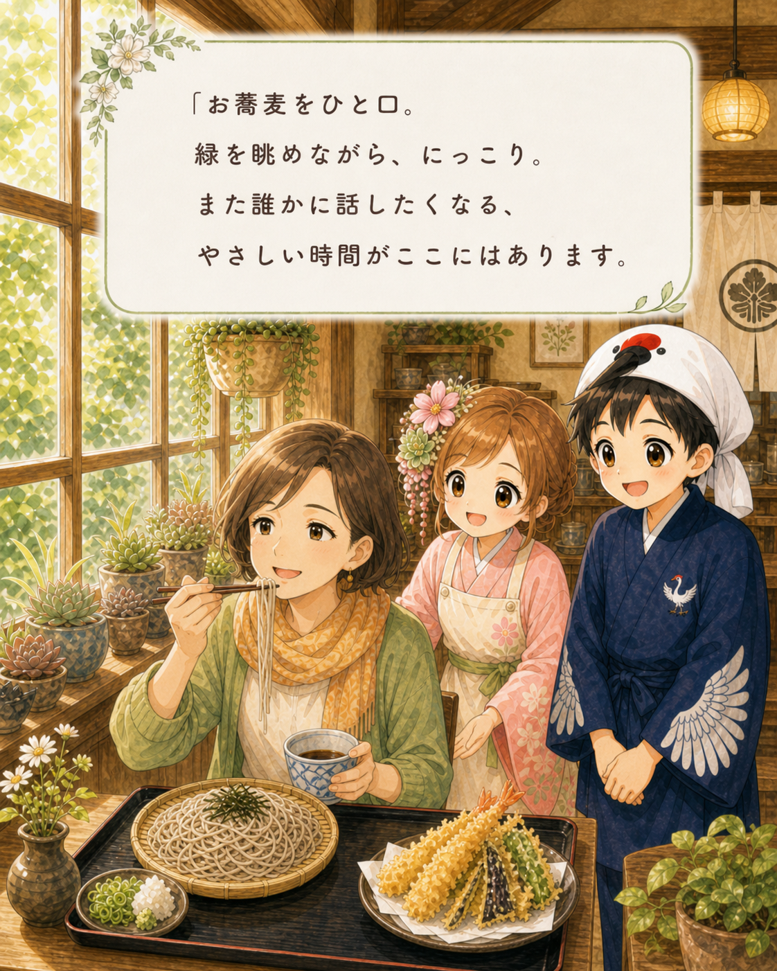 お蕎麦をひと口、緑を眺めながら